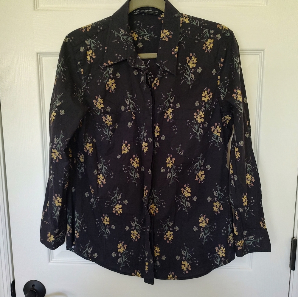 Peruvian Connection Black Yellow Floral Button Down Shirt Cotton Spandex L